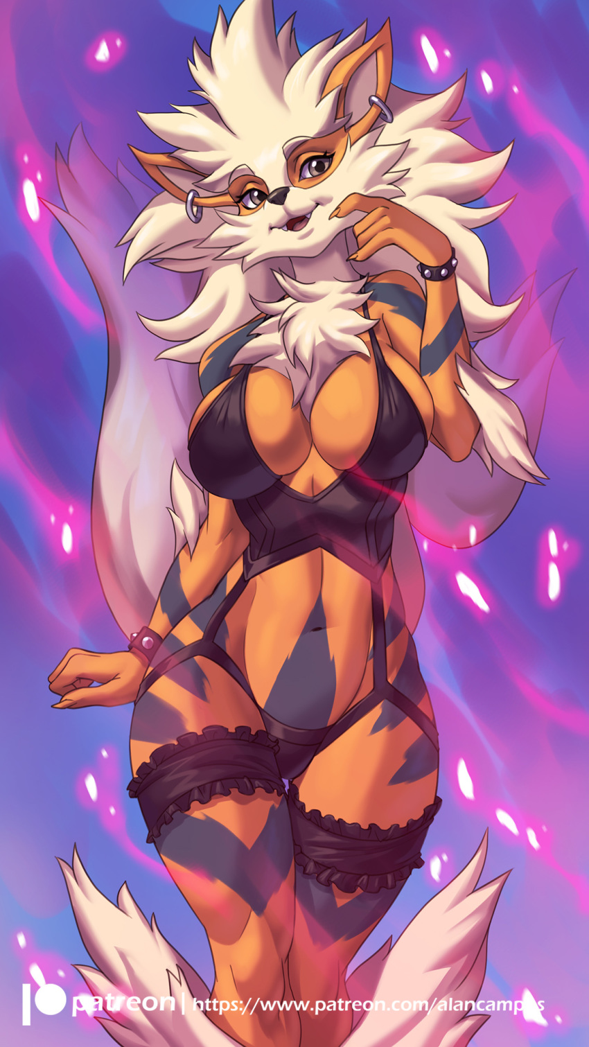 2020 5_fingers 9:16 alanscampos anthro arcanine breasts clothed clothing digital_media_(artwork) ear_piercing ear_ring fangs female fingers hi_res lingerie nintendo open_mouth patreon piercing pok&eacute;mon pok&eacute;mon_(species) pok&eacute;morph solo text url video_games