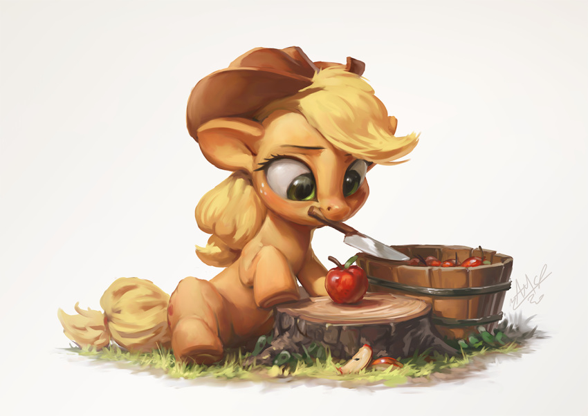 2020 apple applejack_(mlp) assasinmonkey clothing digital_media_(artwork) earth_pony equid equine eyelashes female feral food freckles friendship_is_magic fruit hat headgear headwear horse knife mammal mouth_hold my_little_pony plant pony signature simple_background solo stump video_games