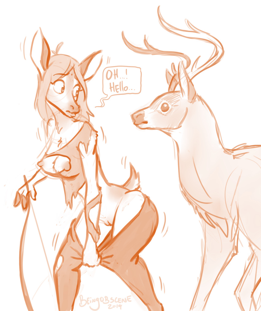 anthro beingobscene breasts cervid clothed clothing duo female feral genitals hi_res looking_back mammal nipples pants_down partially_clothed pussy torn_clothing transformation