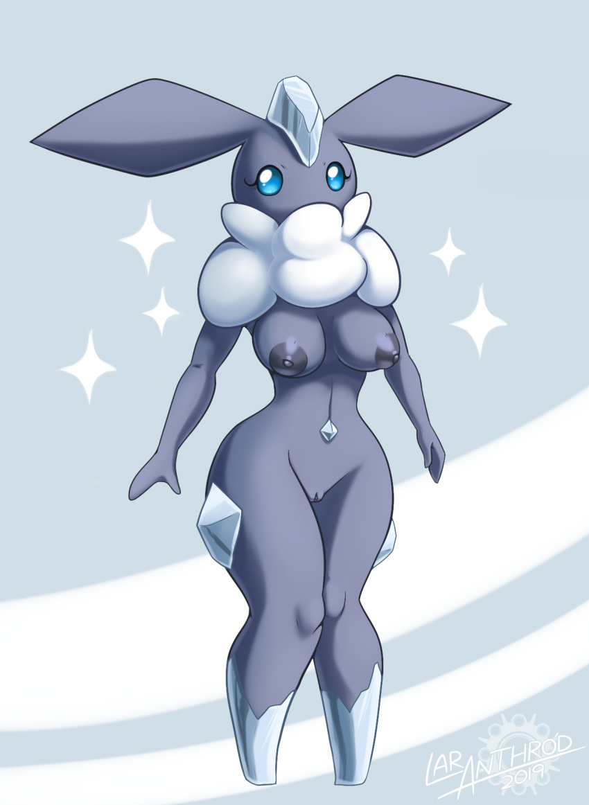 2019 anthro big_ears blue_eyes breasts carbink diamond_(disambiguation) digital_media_(artwork) elemental_creature eyelashes female gem gem_creature genitals glistening glistening_body grey_body hi_res latiar looking_at_viewer mineral_fauna navel nintendo nipples pok&eacute;mon pok&eacute;mon_(species) pok&eacute;morph pussy standing video_games wide_hips