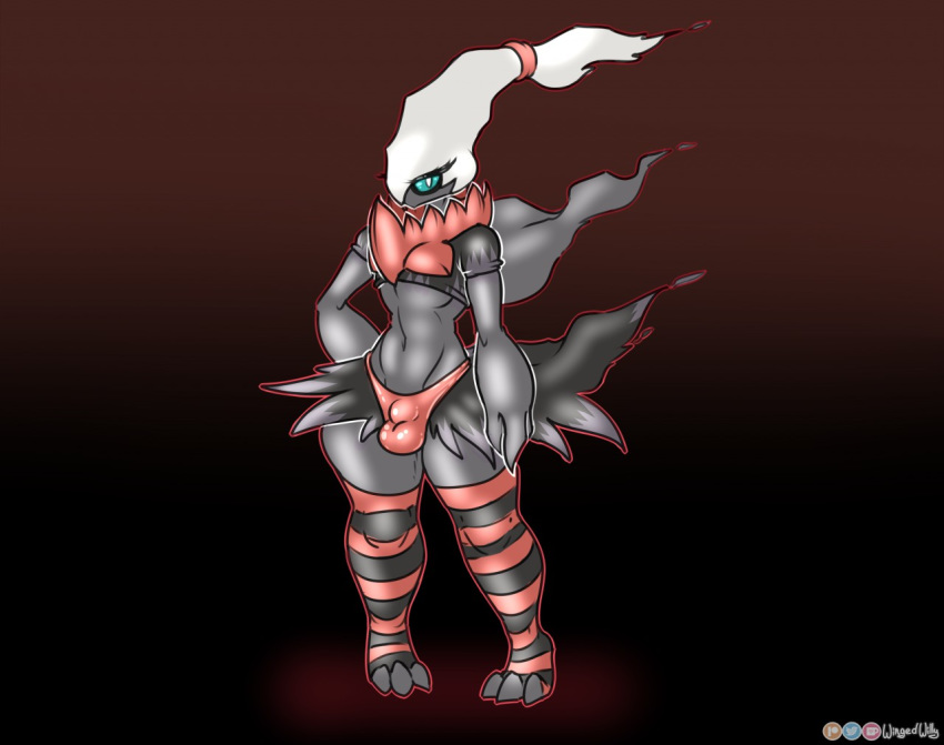 2020 anthro blue_eyes bulge clothed clothing darkrai digital_media_(artwork) english_text genitals girly hair humanoid legendary_pok&eacute;mon legwear looking_at_viewer male mammal nintendo pok&eacute;mon pok&eacute;mon_(species) simple_background solo standing stockings text thick_thighs topwear video_games wide_hips wingedwilly