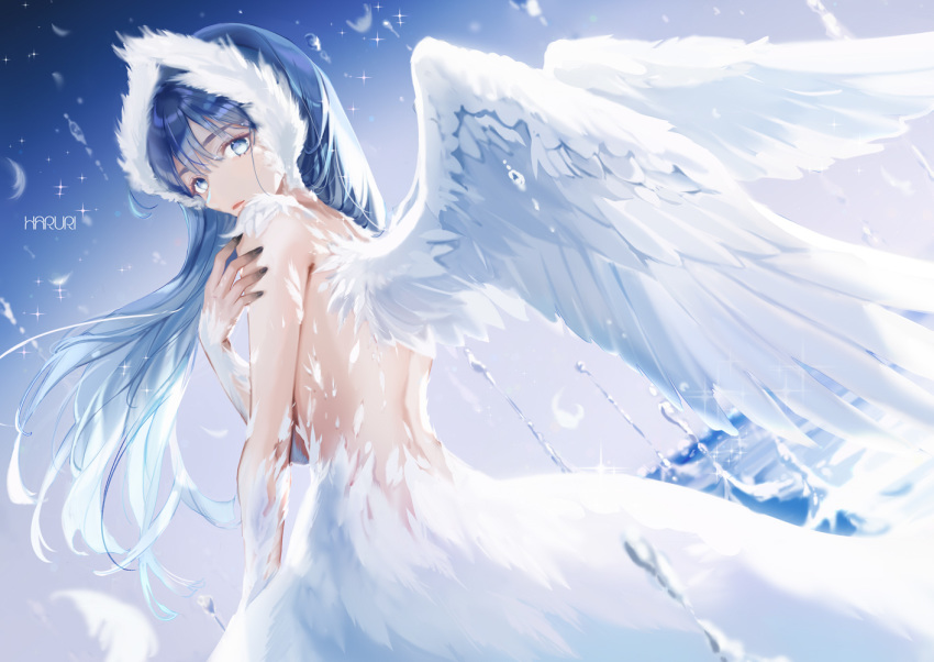 blue blue_eyes blue_hair dress feathers gradient long_hair mullpull original stars water watermark wings