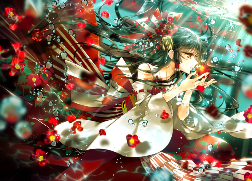 bubbles flowers hakurei_reimu japanese_clothes lilithbloody miko touhou underwater water