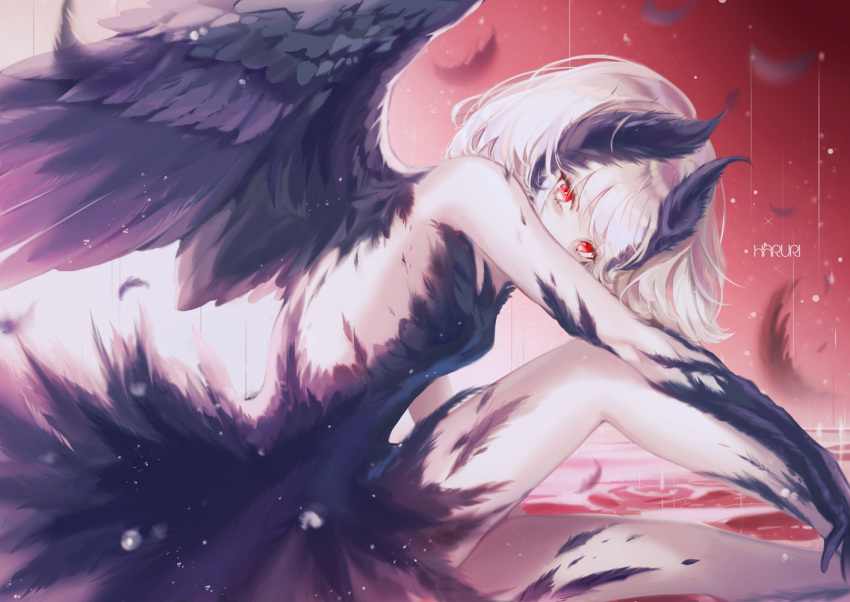 dress feathers gradient mullpull original red red_eyes short_hair water watermark white_hair wings