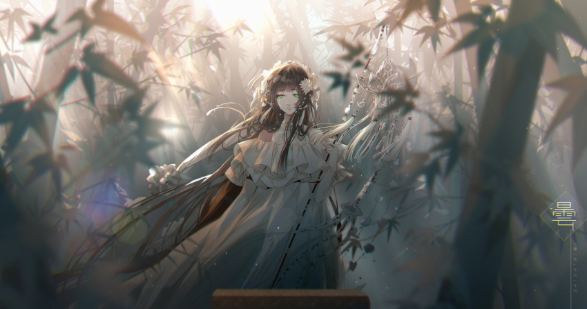 brown_hair dress green_eyes long_hair miemia original staff tears tree