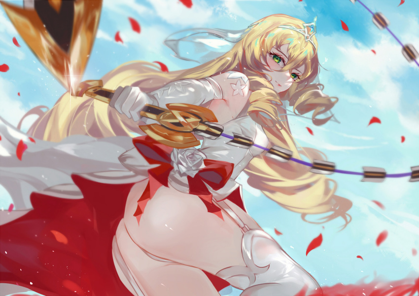 ass blonde_hair epic7 garter_belt green_eyes lidica_(epic7) long_hair upskirt vardan weapon wedding_attire