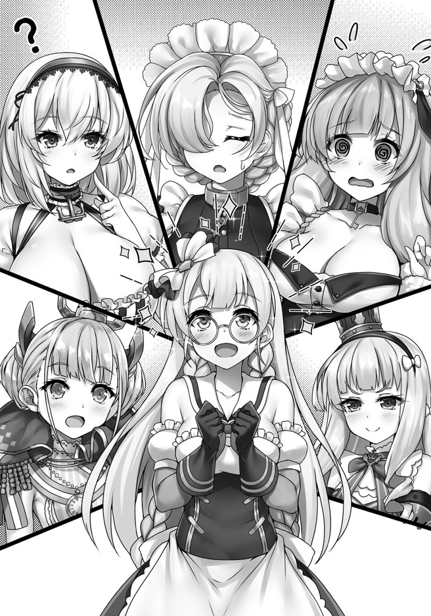 6+girls ? @_@ azur_lane bangs blunt_bangs blush breasts choker cleavage closed_mouth collarbone edinburgh_(azur_lane) elbow_gloves eyebrows_visible_through_hair glasses gloves greyscale hair_between_eyes hair_over_one_eye highres large_breasts le_triomphant_(azur_lane) long_hair looking_at_viewer monochrome multiple_girls novel_illustration open_mouth parted_lips queen_elizabeth_(azur_lane) raiou round_eyewear sheffield_(azur_lane) short_hair sirius_(azur_lane) smile suffolk_(azur_lane)