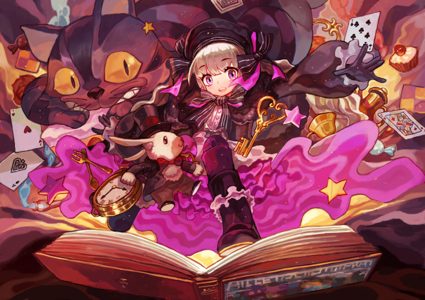 1girl :d absurdres bangs beret black_bow black_footwear black_gloves blunt_bangs book boots bow bowtie bunny candy capelet card cat cheshire_cat commentary_request cup cupcake doll_joints dress eyebrows_visible_through_hair fate/extra fate/grand_order fate_(series) food fork frilled_boots frilled_sleeves frills fur_trim gloves hat highres holding_pocket_watch hong_da key long_hair long_sleeves looking_at_viewer nursery_rhyme_(fate/extra) open_book open_mouth outstretched_arm pink_bow playing_card pocket_watch purple_eyes red_neckwear ruffled_dress smile spoon star striped striped_bow suit_jacket teacup top_hat upper_teeth watch wavy_hair white_hair white_rabbit