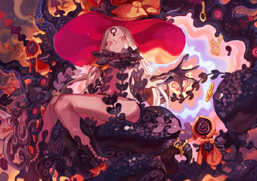 1girl abigail_williams_(fate/grand_order) absurdres black_bow black_panties bow commentary_request fate/grand_order fate_(series) feet_out_of_frame flat_chest hat highres hong_da key keyhole long_hair looking_at_viewer looking_down no_bra orange_bow outstretched_hand panties pink_eyes polka_dot polka_dot_bow sitting solo tentacles third_eye underwear white_hair witch_hat