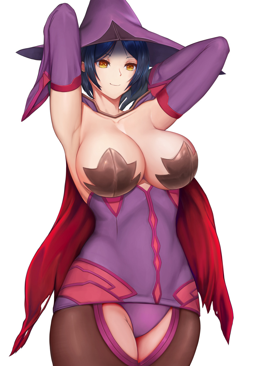 1girl absurdres armpits arms_up artist_request bangs blazblue blue_hair breasts cape closed_mouth collarbone cowboy_shot detached_sleeves hat hayami_kanade highres idolmaster idolmaster_cinderella_girls konoe_a_mercury large_breasts long_sleeves looking_at_viewer parted_bangs short_hair smile solo witch_hat yellow_eyes