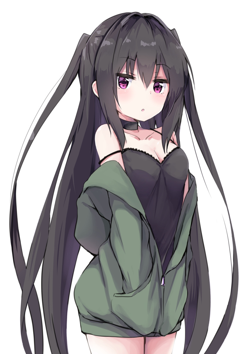 1girl :o amano_kouki bangs bare_shoulders black_camisole black_choker black_hair breasts camisole choker cleavage collarbone commentary_request cowboy_shot eyebrows_visible_through_hair green_jacket hair_between_eyes hair_intakes hands_in_pockets highres jacket long_hair looking_at_viewer medium_breasts note-chan off_shoulder open_clothes open_jacket original parted_lips purple_eyes sidelocks simple_background solo strap_slip two_side_up very_long_hair white_background