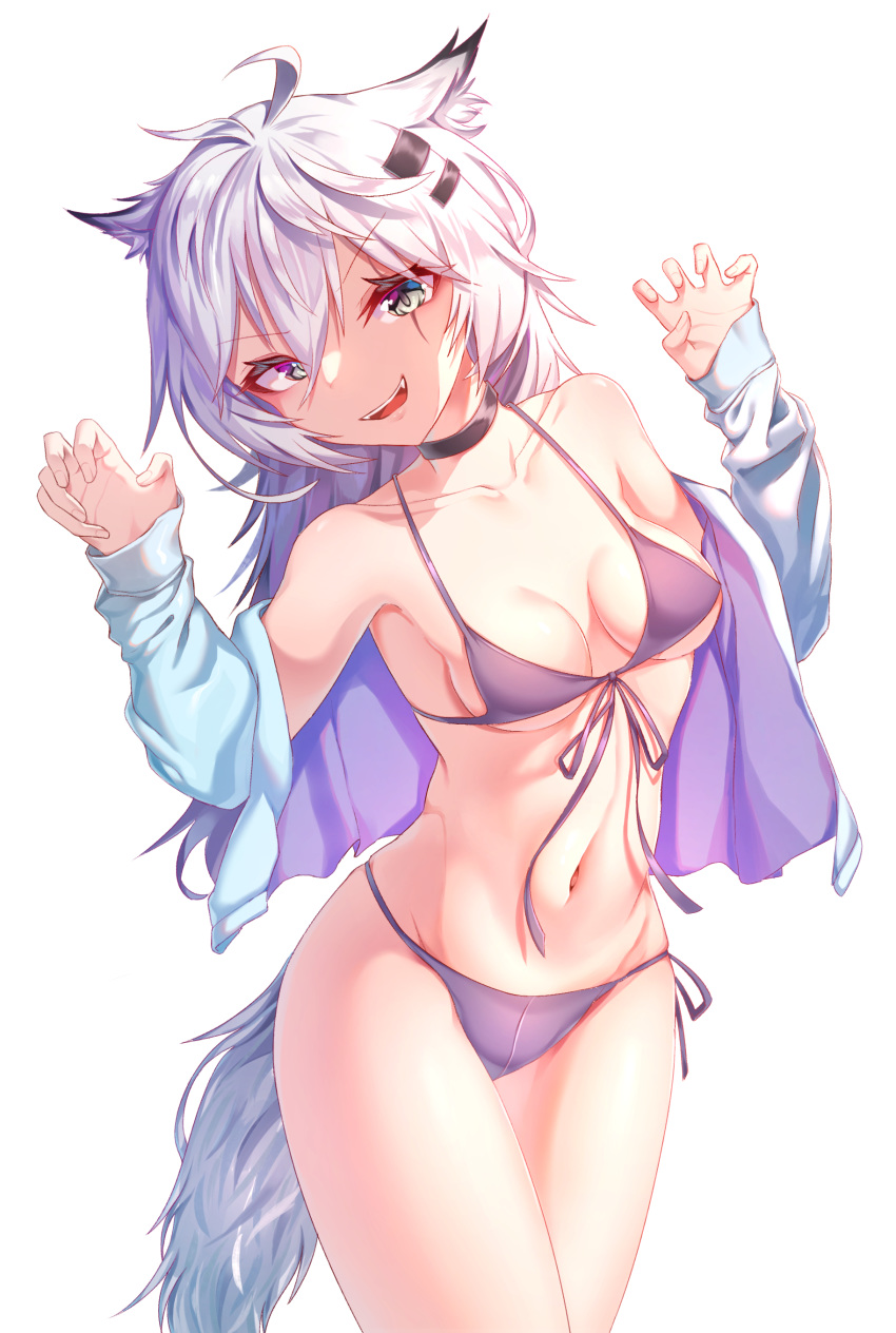 1girl :d absurdres animal_ears arknights bangs bare_shoulders bikini black_choker breasts choker claw_pose commentary_request cowboy_shot dongkas eyebrows_visible_through_hair front-tie_bikini front-tie_top grey_bikini grey_eyes groin hair_between_eyes hair_ornament hairclip hands_up highres jacket korean_commentary lappland_(arknights) long_hair looking_at_viewer medium_breasts navel off_shoulder open_clothes open_jacket open_mouth scar scar_across_eye silver_hair simple_background smile solo standing stomach swimsuit tail thighs v-shaped_eyebrows white_background wolf_ears wolf_tail