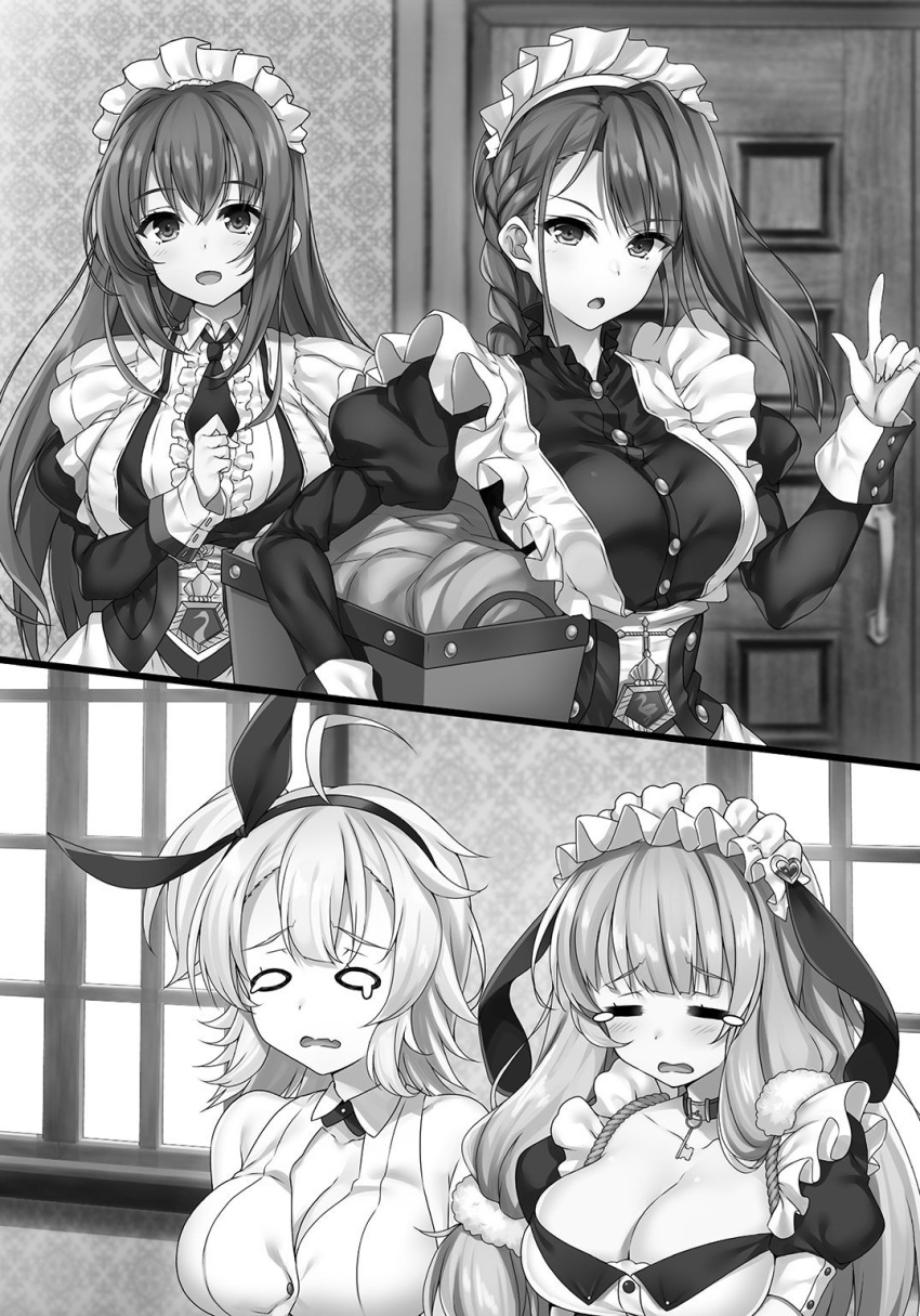 4girls azur_lane blush braid breasts cleavage closed_eyes crying curacoa_(azur_lane) curlew_(azur_lane) eyebrows_visible_through_hair facing_another greyscale highres index_finger_raised indoors kent_(azur_lane) large_breasts long_hair long_sleeves looking_at_another monochrome multiple_girls necktie novel_illustration open_mouth raiou smile suffolk_(azur_lane)