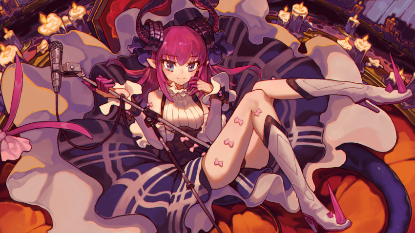 1girl bangs blue_eyes boots bow candle candle_wax chinese_commentary collar commentary_request detached_sleeves dress elizabeth_bathory_(fate) elizabeth_bathory_(fate)_(all) eyebrows_visible_through_hair eyes_visible_through_hair fate/extra fate/extra_ccc fate_(series) finger_gloves foot_up frilled_collar frilled_sleeves frills full_body gloves hand_on_own_face hands_up high_heel_boots high_heels highres holding_microphone_stand hong_da horns knee_boots knees_up long_hair long_sleeves microphone microphone_stand pink_bow pink_gloves pink_hair pointy_ears sidelocks smile solo spiked_boots tail thighs white_footwear white_sleeves