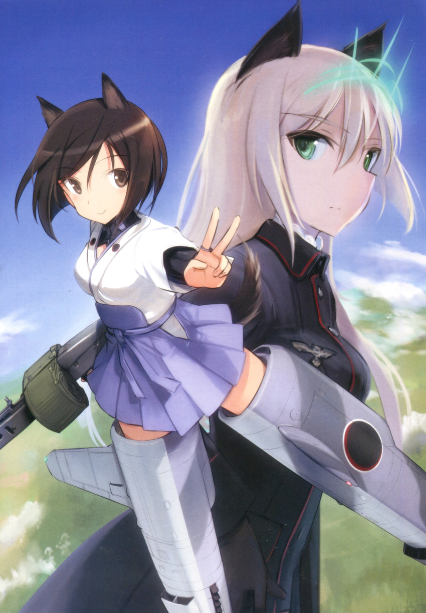 2girls absurdres animal_ears blonde_hair blue_sky brown_eyes brown_hair cat_tail collage dog_ears dog_tail drum_magazine flying green_eyes gun hakama_skirt heinrike_prinzessin_zu_sayn-wittgenstein highres hirschgeweih_antennas japanese_clothes kimono kuroda_kunika long_hair looking_at_viewer machine_gun military military_uniform multiple_girls noble_witches scan shimada_fumikane short_hair sky striker_unit tail uniform v weapon white_kimono world_witches_series