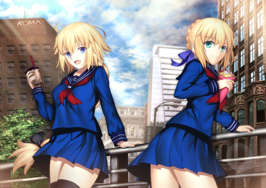 2girls ahoge artoria_pendragon_(all) bangs black_bow black_legwear blonde_hair blue_bow blue_eyes blue_sailor_collar blue_serafuku blue_shirt blue_skirt bow braid breasts bubble_tea building crepe cup day disposable_cup drinking_straw eyebrows_visible_through_hair fate/apocrypha fate/grand_order fate/stay_night fate_(series) food green_eyes hair_between_eyes hair_bow holding holding_cup holding_food ice ice_cube jeanne_d'arc_(fate) jeanne_d'arc_(fate)_(all) long_hair long_sleeves looking_at_viewer mishiro0229 multiple_girls neckerchief official_style outdoors pleated_skirt railing red_neckwear saber sailor_collar shirt single_braid skirt small_breasts thighhighs very_long_hair window