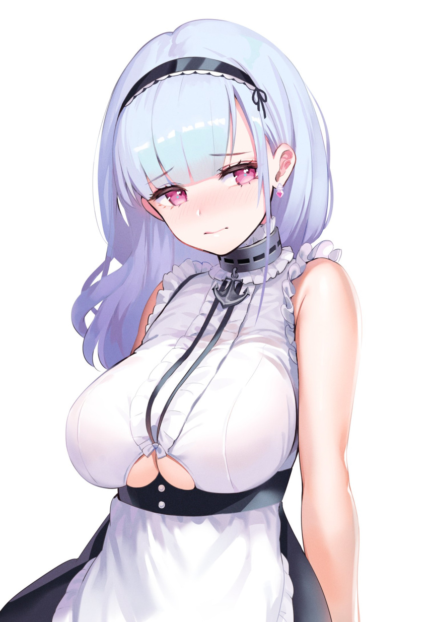 1girl anchor_choker anchor_necklace apron azur_lane bang bangs bare_shoulders black_hairband blunt_bangs breasts center_frills choker closed_mouth collar commentary_request dido_(azur_lane) earrings eating eyebrows_visible_through_hair finger_gun frilled_apron frilled_choker frills hairband heart heart_earrings highres jewelry kiyosato0928 lace-trimmed_hairband large_breasts maid maid_apron maid_dress red_eyes shirt silver_hair sleeveless sleeveless_shirt underboob underboob_cutout waist_apron white_apron