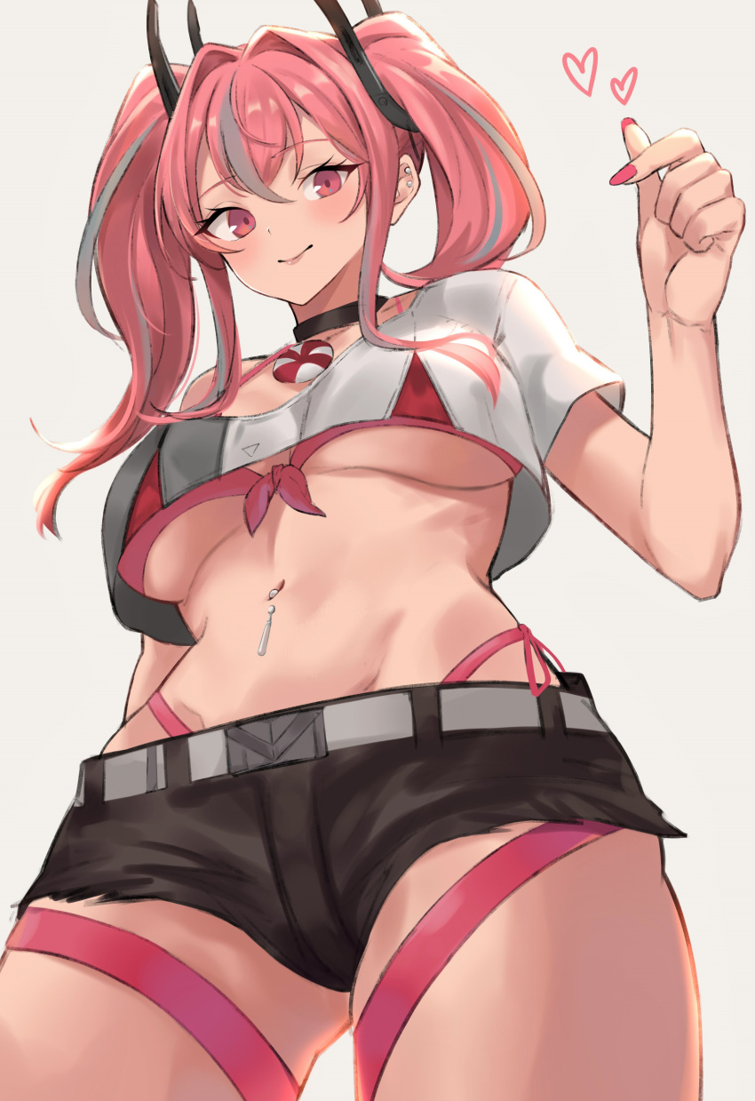 1girl absurdres ass_visible_through_thighs azur_lane bangs belt bikini bikini_under_clothes black_choker black_shorts blush breasts bremerton_(azur_lane) choker collarbone commentary cowboy_shot crop_top crop_top_overhang crossed_bangs eyebrows_visible_through_hair from_below front-tie_bikini front-tie_top gesture grey_background grey_belt grey_hair groin hair_between_eyes hair_intakes hair_ornament hand_up heart highleg highleg_bikini highres large_breasts lifebuoy long_hair looking_at_viewer midriff multicolored_hair nail_polish navel navel_piercing no_jacket no_mole off-shoulder_shirt off_shoulder piercing pink_bikini pink_eyes pink_hair pink_nails renzu_(lens_02) shirt short_shorts short_sleeves shorts side-tie_bikini sidelocks simple_background smile solo standing streaked_hair swimsuit thigh_strap twintails two-tone_hair two-tone_shirt