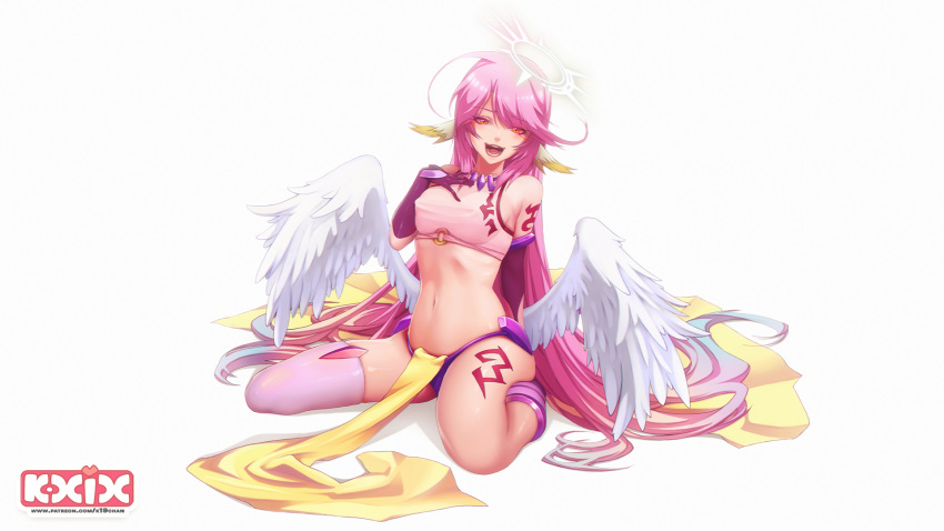 1girl :d angel_wings arm_tattoo artist_logo asymmetrical_gloves bangs bare_shoulders breasts collarbone commentary covered_nipples elbow_gloves english_commentary eyebrows_visible_through_hair feathered_wings full_body gloves gradient_hair hair_between_eyes halo hand_on_own_chest highres jibril_(no_game_no_life) k19 kneehighs leg_tattoo long_hair looking_at_viewer low_wings medium_breasts midriff mismatched_legwear multicolored_hair navel no_game_no_life o-ring o-ring_top open_mouth patreon_username pelvic_curtain pink_hair purple_bikini_bottom purple_gloves purple_legwear ribs shadow shirt sideboob sidelocks simple_background single_kneehigh single_thighhigh sitting skindentation sleeveless sleeveless_shirt smile solo tattoo teeth thighhighs torn_clothes torn_gloves very_long_hair wariza watermark web_address white_background white_shirt white_wings wing_ears wings yellow_eyes
