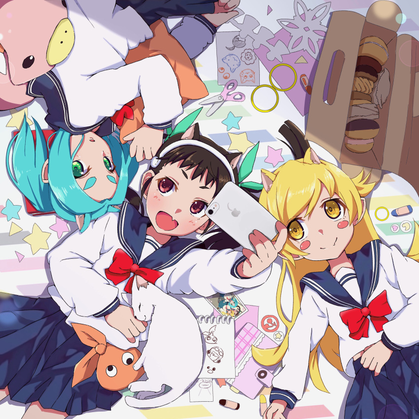 3girls absurdres alternate_costume blonde_hair blush_stickers cat cellphone drawdream1025 from_above hachikuji_mayoi highres holding holding_phone long_hair looking_at_another monogatari_(series) multiple_girls ononoki_yotsugi open_mouth oshino_shinobu phone school_uniform scissors serafuku skirt smartphone smile white_cat yellow_eyes