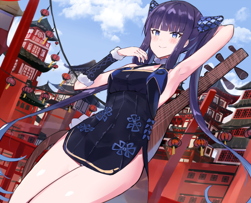 1girl architecture arm_behind_head arm_up armpits bangs bare_shoulders black_dress blue_eyes blue_sky blunt_bangs blush breasts china_dress chinese_clothes closed_mouth detached_sleeves dress east_asian_architecture fate/grand_order fate_(series) hair_ornament highres lantern long_hair looking_at_viewer medium_breasts paper_lantern pipa_(instrument) purple_hair side_slit sidelocks sky smile solo thighs twintails very_long_hair xenonstriker yang_guifei_(fate/grand_order)