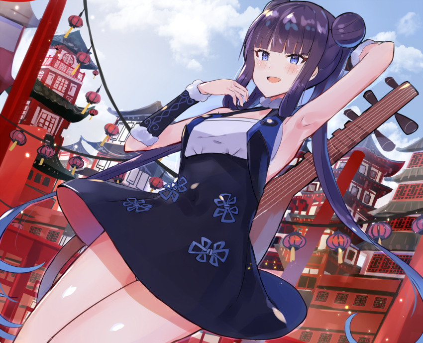 1girl architecture arm_behind_head arm_up armpits bangs bare_shoulders black_dress blue_eyes blue_sky blunt_bangs blush breasts detached_sleeves double_bun dress east_asian_architecture fate/grand_order fate_(series) highres lantern long_hair looking_at_viewer medium_breasts open_mouth paper_lantern pipa_(instrument) purple_hair short_dress sidelocks sky smile solo thighs twintails very_long_hair xenonstriker yang_guifei_(fate/grand_order)