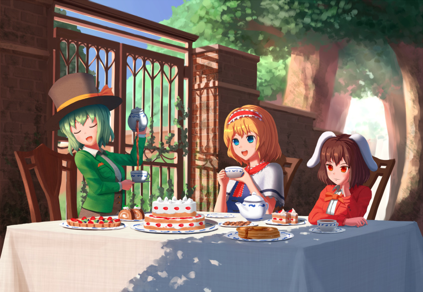 3girls :3 :d adapted_costume aletto-mikan alice_in_wonderland alice_margatroid alternate_costume animal_ears arm_rest arm_up ascot black_vest blazer blonde_hair blue_dress blue_eyes bow bowtie breast_pocket breasts brick_wall brown_hair bunny_ears buttons cake capelet chair checkerboard_cookie clear_sky closed_eyes closed_mouth commentary cookie cosplay cup day decantering dishes dress english_commentary floppy_ears food frilled_hairband frills fruit gate green_hair green_jacket hairband hand_on_own_cheek handkerchief hands_up hat hat_bow hat_ribbon head_rest head_tilt heart holding holding_cup holding_teapot inaba_tewi iron_bars jacket komeiji_koishi light_blush light_rays lolita_hairband long_sleeves mad_hatter mad_hatter_(cosplay) march_hare march_hare_(cosplay) medium_hair moss multiple_girls open_clothes open_jacket open_mouth outdoors overexposure pancake pastry plant pocket pouring red_bow red_eyes red_hairband red_jacket red_neckwear ribbon saucer shade shadow shiny shiny_hair shirt short_hair sky slice_of_cake smile strawberry sunbeam sunlight sweets swiss_roll syrup table tablecloth tea tea_party tea_set teacup teapot top_hat touhou tree tree_shade upper_body vest vines waistcoat wall whipped_cream white_capelet white_shirt wing_collar yellow_bow yellow_ribbon