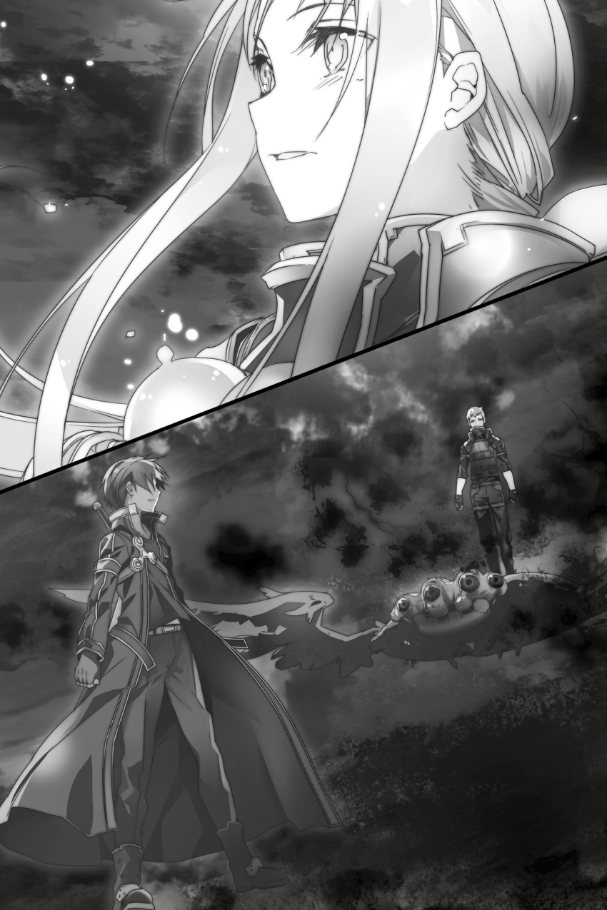 1girl 2boys abec alice_schuberg cape cloud cloudy_sky fingerless_gloves floating_hair flying full_body gloves greyscale highres kirito long_hair monochrome monster multiple_boys novel_illustration official_art pants parted_lips shirt sidelocks sky split_screen subtilizer_(sao) sword_art_online