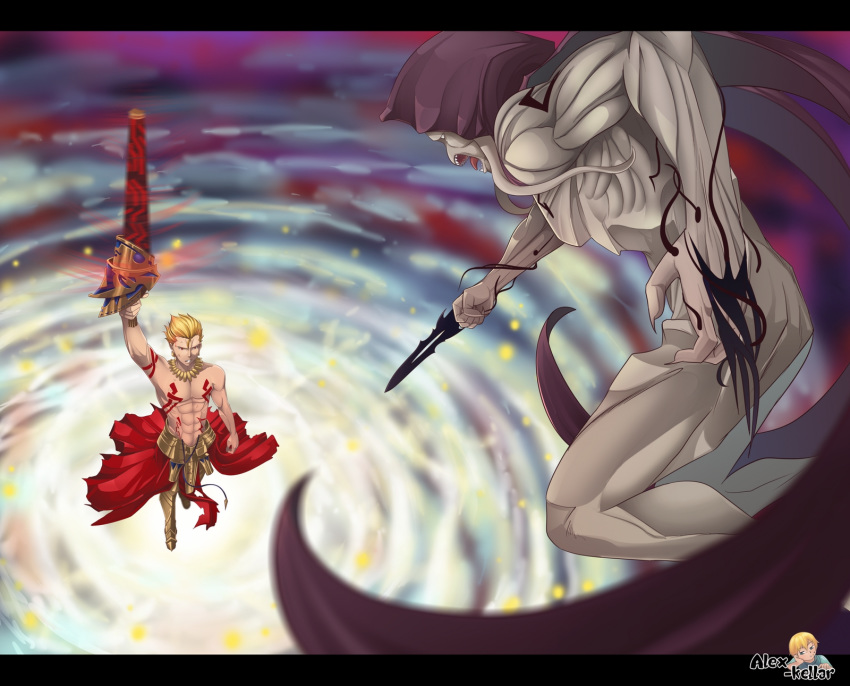 2boys alex_kellar alien battle black_cape blonde_hair cape commission crossover ea_(fate/stay_night) earrings english_commentary fate/grand_order fate/stay_night fate_(series) fighting fingernails gilgamesh gorr_the_god_butcher highres holding holding_sword holding_weapon jewelry long_fingernails male_focus marvel multiple_boys necklace red_eyes shirtless spiked_hair sword tattoo toned weapon white_skin