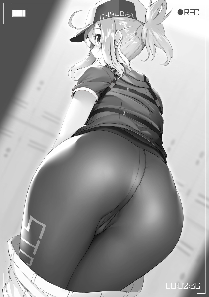 1girl absurdres ahoge artoria_pendragon_(all) ass back bangs baseball_cap blush breasts fate/grand_order fate_(series) fine_fabric_emphasis greyscale hamadamiku01 hat heroic_spirit_festival_outfit highres long_hair looking_at_viewer looking_back monochrome mysterious_heroine_xx_(foreigner) open_mouth pantyhose ponytail solo thighs