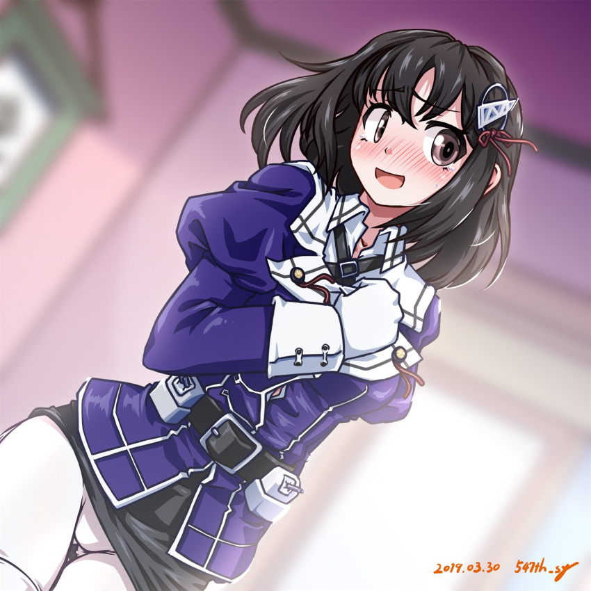 1girl 547th_sy artist_name ass_visible_through_thighs black_hair black_skirt blurry blush brown_eyes commentary_request cowboy_shot dated depth_of_field dutch_angle gloves haguro_(kantai_collection) hair_ornament highres indoors kantai_collection looking_at_viewer military military_uniform nose_blush pantyhose pencil_skirt remodel_(kantai_collection) short_hair skirt solo uniform white_gloves white_legwear window
