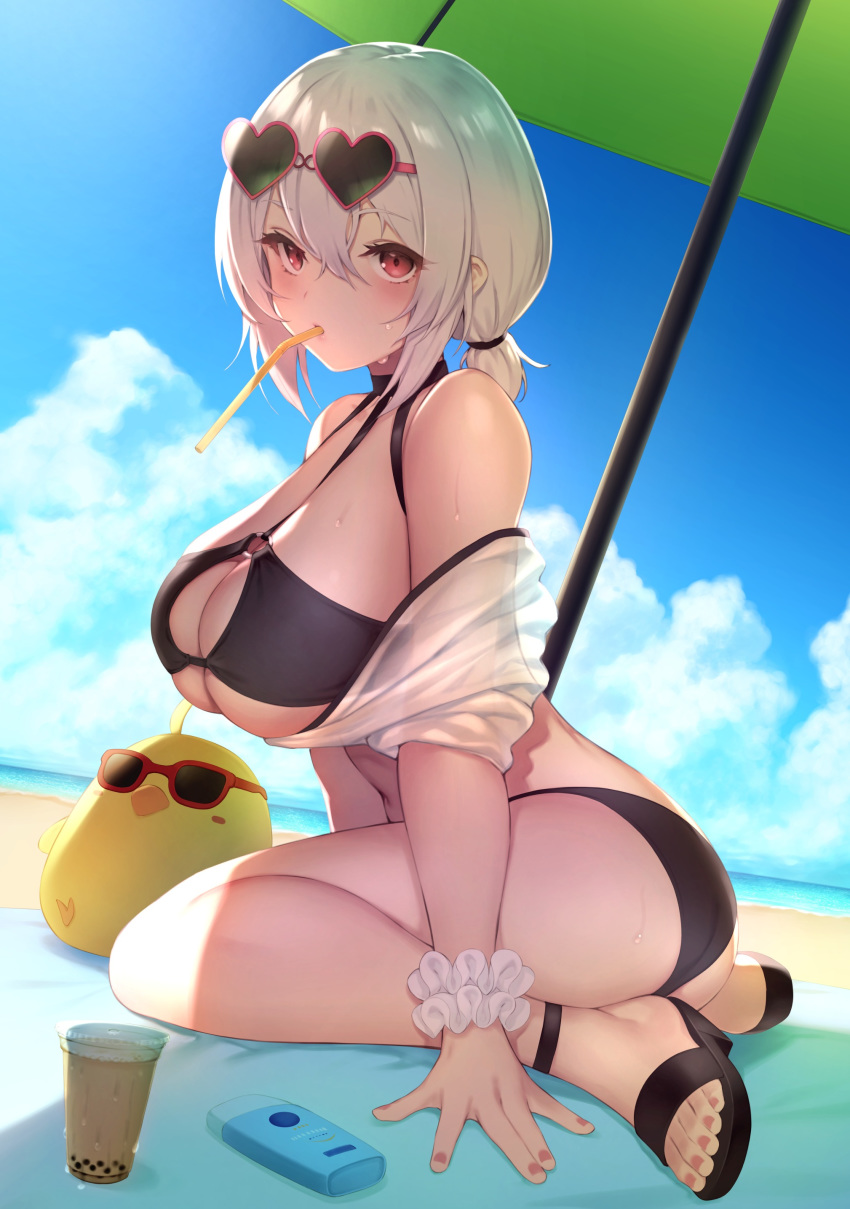 1girl absurdres ass azur_lane bangs bare_shoulders beach beach_umbrella bikini black_bikini black_footwear blue_sky breasts bubble_tea cleavage cloud commentary_request day drinking_straw eyebrows_visible_through_hair eyewear_on_head food from_side hair_between_eyes heart heart-shaped_eyewear highres large_breasts looking_at_viewer manjuu_(azur_lane) navel o-ring o-ring_top ocean off_shoulder open_toe_shoes outdoors pokachu red_eyes sand sandals scrunchie sheer_clothes short_hair short_twintails sidelocks sirius_(azur_lane) sirius_(midsummer_seirios)_(azur_lane) sitting sky solo sunglasses sweat swimsuit twintails umbrella water white_hair white_scrunchie wrist_scrunchie