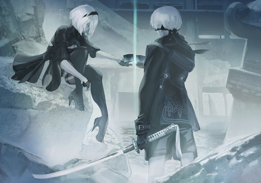 1boy 1girl bag black_bow black_footwear black_gloves black_hairband black_legwear boots bow breasts cleavage cleavage_cutout glint gloves hairband high_heels holding holding_sword holding_weapon maeshima_shigeki nier_(series) nier_automata outdoors puffy_sleeves rubble ruins short_hair shorts sitting standing sword thigh_boots thighhighs weapon white_hair yorha_no._2_type_b yorha_no._9_type_s
