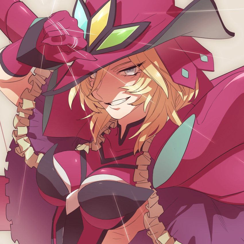 1girl blue_eyes breasts carol_malus_dienheim elbow_gloves gloves grin highres large_breasts looking_at_viewer mole mole_under_eye pauldrons senki_zesshou_symphogear shiny shiny_hair shiny_skin short_hair side_cutout sideless_outfit smile solo teeth unk_error upper_body wire