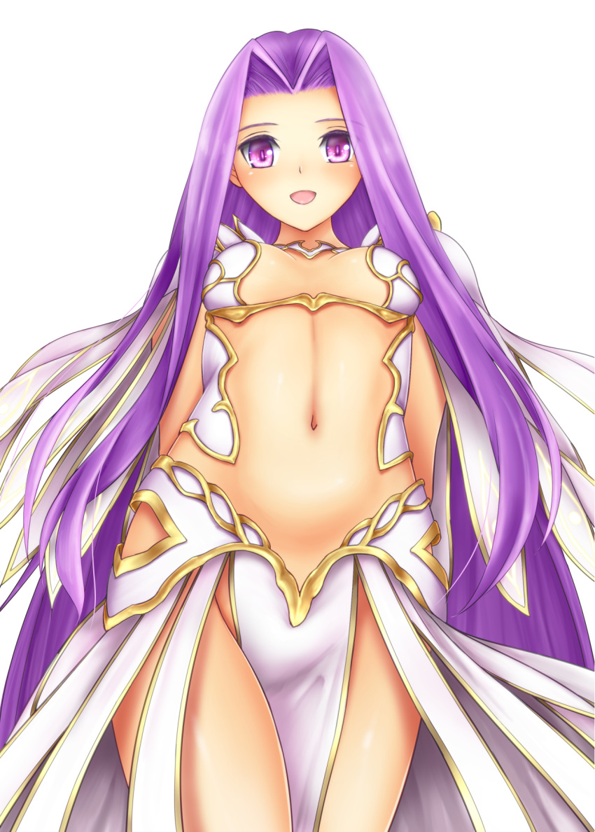 1girl armor arms_behind_back bikini_armor bikini_top breasts commentary_request fate/grand_order fate_(series) forehead from_below hair_intakes highres hozenkakari long_hair looking_at_viewer looking_down medusa_(lancer)_(fate) navel open_mouth pauldrons pelvic_curtain purple_eyes purple_hair revealing_clothes rider simple_background small_breasts smile solo thighs very_long_hair white_background