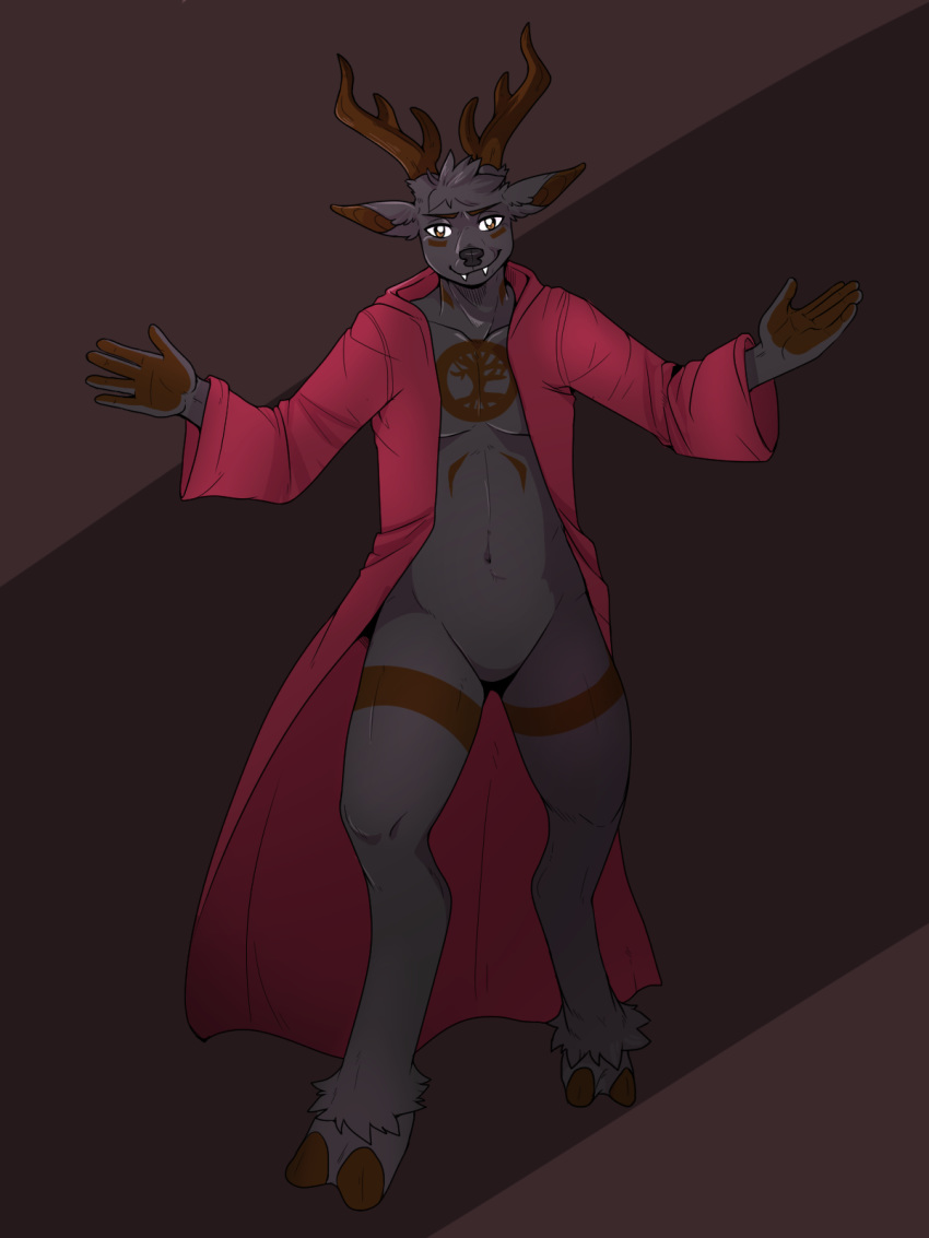 2020 3:4 ambiguous_gender anthro antlers bekymre black_body black_fur brown_body brown_eyes brown_fur cervid clothing digital_media_(artwork) digitigrade dizzy_(artist) fangs featureless_crotch fur hair head_tuft hi_res hooves horn looking_at_viewer mammal markings moschid mostly_nude navel red_clothing robe simple_background smile solo standing symbol tuft