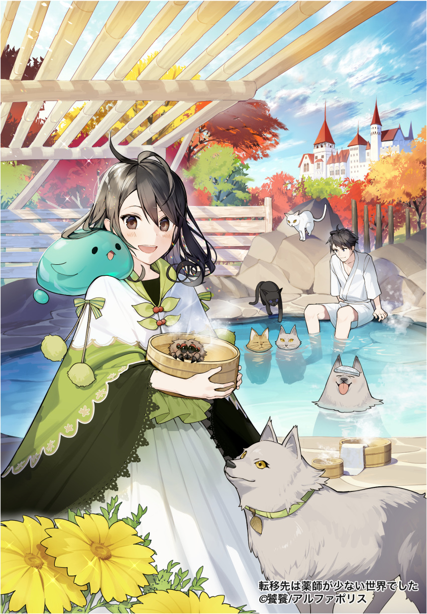 1boy 1girl :d animal autumn_leaves bangs black_cat black_hair blue_sky blush bow brown_eyes bug building cat closed_eyes cloud cloudy_sky commentary_request day dog dress flower green_bow hair_between_eyes highres holding japanese_clothes kimono long_sleeves looking_at_viewer misoni_comi official_art onsen open_mouth original outdoors partially_submerged pleated_dress sitting sky slime smile soaking_feet sparkle spider standing steam striped striped_bow tongue tongue_out towel towel_on_head tower translation_request tree upper_teeth watermark white_cat white_dress white_kimono wide_sleeves yellow_flower