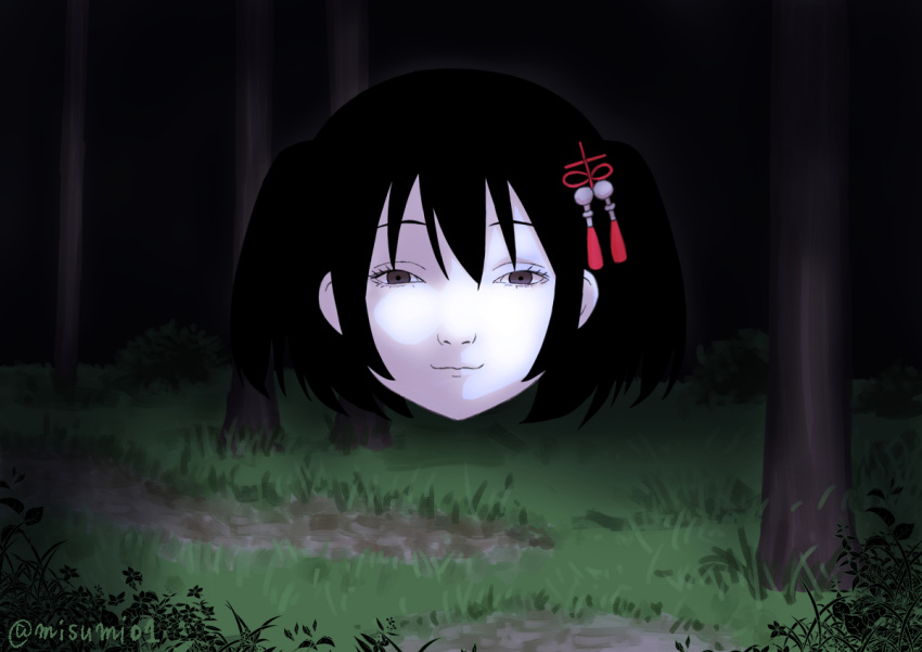 1girl black_hair brown_eyes dark disembodied_head forest hair_between_eyes hair_ornament kantai_collection misumi_(niku-kyu) nature pale_skin sendai_(kantai_collection) smile solo tree twitter_username two_side_up