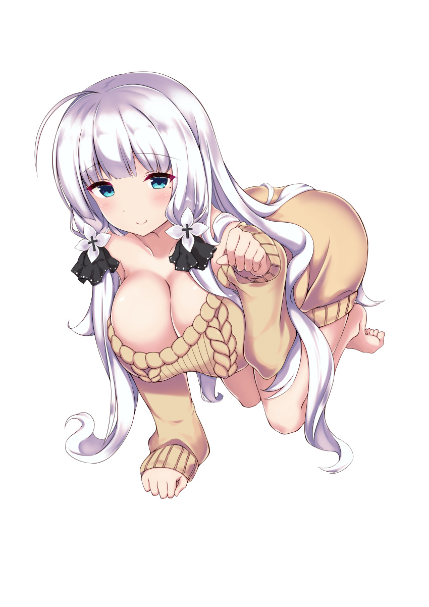 1girl absurdres ahoge all_fours aran_sweater azur_lane blue_eyes blush breasts cleavage closed_mouth commentary_request eyebrows_visible_through_hair hair_ribbon highres illustrious_(azur_lane) large_breasts long_hair looking_at_viewer low_twintails mamizu mole mole_under_eye naked_sweater paw_pose ribbon sidelocks simple_background smile solo sweater tress_ribbon tri_tails twintails very_long_hair white_background white_hair