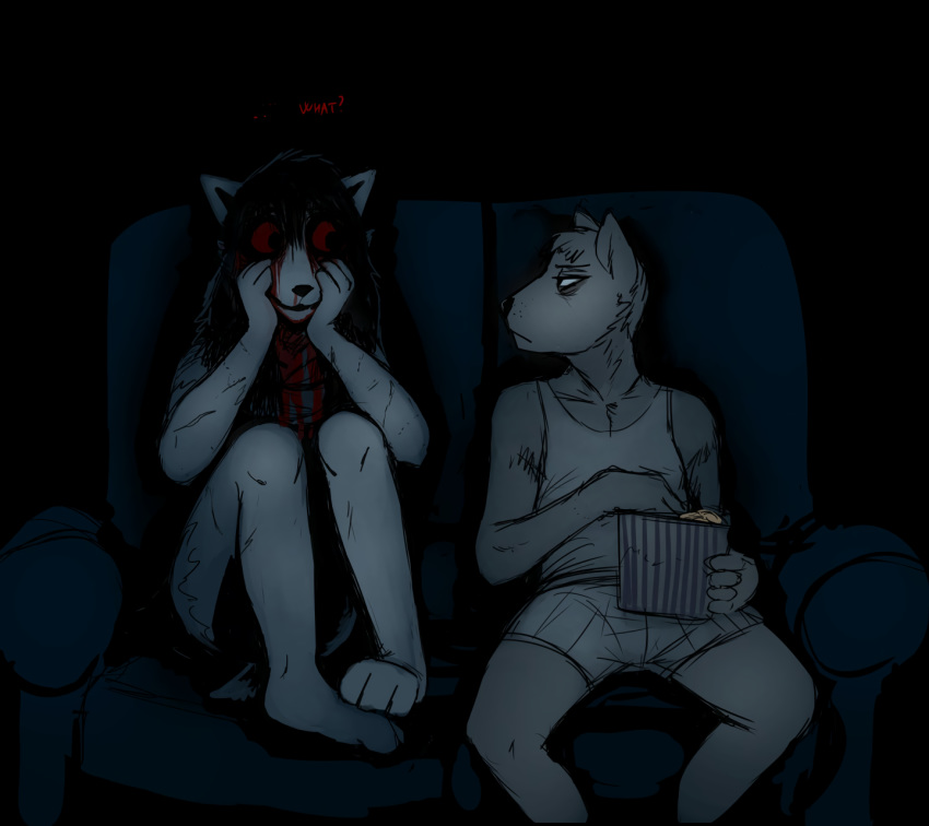 anthro blood blood_on_clothing blood_on_face bodily_fluids boxers_(clothing) canid canine canis clothing domestic_dog duo female food furniture ghost_pupper hi_res hladilnik male mammal popcorn scared shirt sofa spirit tank_top topwear underwear wolf