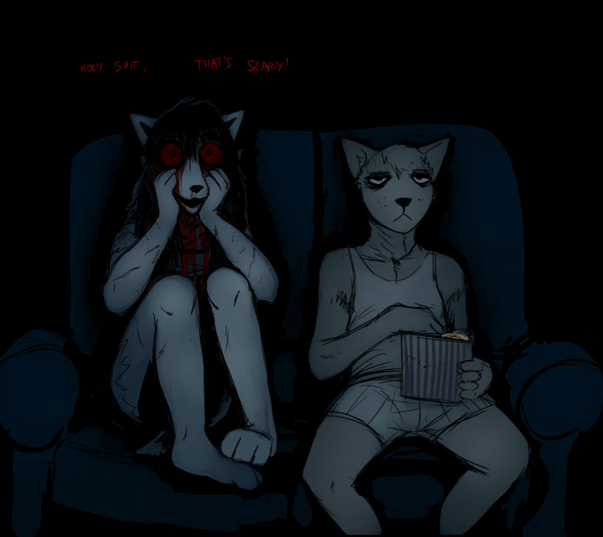 anthro blood blood_on_clothing blood_on_face bodily_fluids boxers_(clothing) canid canine canis clothing domestic_dog duo female food furniture ghost_pupper hi_res hladilnik male mammal popcorn scared shirt sofa spirit tank_top topwear underwear wolf