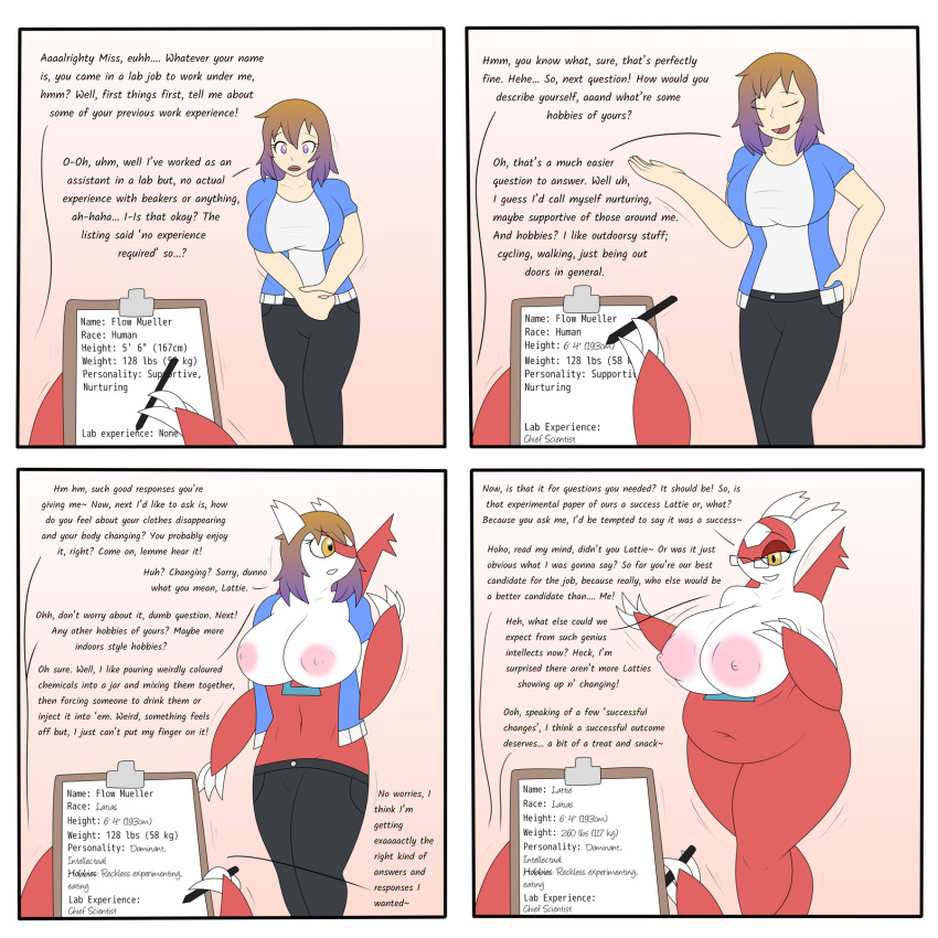 1:1 2019 anthro big_breasts breast_expansion breasts brown_hair comic dialogue drpolice duo english_text eyewear female glasses hair hi_res huge_breasts human human_to_anthro identity_death interspecies latias legendary_pok&eacute;mon mammal mind_control nintendo nipples nude overweight pok&eacute;mon pok&eacute;mon_(species) pok&eacute;philia smile species_transformation standing text transformation twinning video_games weight_gain