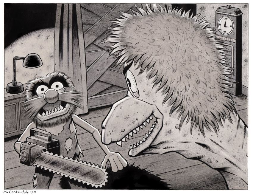 2020 animal_(muppets) anthro big_nose black_and_white bloodshot_eyes border bruce_mccorkindale chainsaw clock clothing crossover duo evil_dead evil_dead_ii eyebrows female greyscale hair hi_res lamp male male/female monochrome muppet muppets parody power_tool queen_peuta signature teeth the_evil_dead thick_eyebrows tools torn_clothing white_border