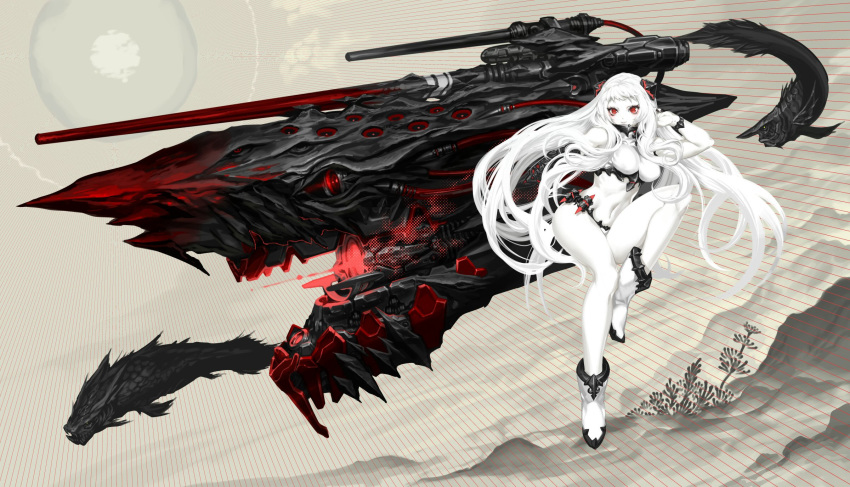 1girl airfield_hime boots breasts feet feet_up hand_on_own_head highres horns kantai_collection large_breasts long_hair looking_at_viewer nagimiso navel red_eyes shinkaisei-kan smile very_long_hair white_hair white_skin widescreen