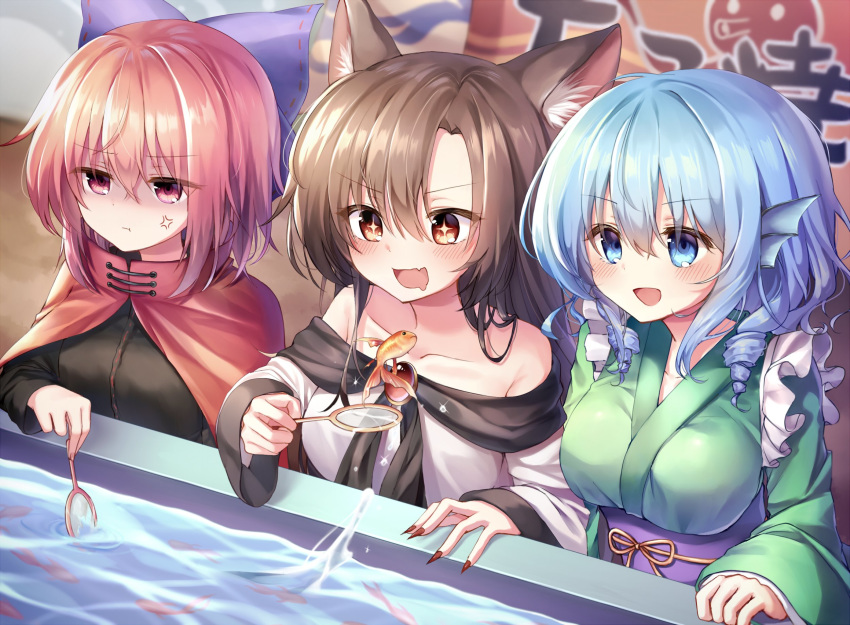 3girls :d :t anger_vein animal_ear_fluff animal_ears bangs bare_shoulders black_shirt blue_bow blue_eyes blue_hair blush bow breasts brooch brown_eyes brown_hair cape collarbone dress drill_hair eyebrows_visible_through_hair fang fingernails fish goldfish goldfish_scooping grass_root_youkai_network green_kimono hair_between_eyes hair_bow head_fins high_collar highres imaizumi_kagerou japanese_clothes jewelry kimono long_hair long_sleeves medium_breasts multiple_girls nail_polish obi off-shoulder_dress off_shoulder open_mouth pudding_(skymint_028) purple_sash red_cape red_eyes red_hair red_nails sash sekibanki shaded_face sharp_fingernails shirt short_hair skin_fang smile touhou upper_body wakasagihime water white_dress wolf_ears