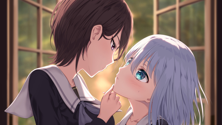 2girls asymmetrical_hair bang_dream! bangs black_hair blue_eyes blurry blurry_background blush breasts chin_grab closed_mouth collarbone commentary_request evening eye_contact eyebrows_behind_hair face-to-face grey_neckwear hair_between_eyes hand_on_another's_chin height_difference highres indoors kurata_mashiro large_breasts long_hair long_sleeves looking_at_another multiple_girls navy_blue_serafuku neckerchief nuenue open_window parted_lips pink_eyes sailor_collar school_uniform short_hair sidelocks silver_hair single_sidelock sweatdrop tsukinomori_school_uniform upper_body white_sailor_collar window yashio_rui yuri