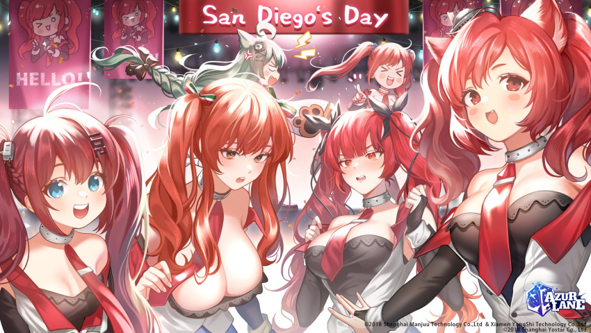 &gt;_&lt; 6+girls ahoge akashi_(azur_lane) anger_vein animal_ears april_fools azur_lane bangs bare_shoulders bell blue_eyes blush bow breasts cat_ears cleavage color_connection commentary cosplay detached_sleeves dress english_commentary fang fu_shun_(azur_lane) gloves green_hair hair_color_connection hair_ornament hair_ribbon hairclip highres honolulu_(azur_lane) i-19_(azur_lane) kanapy large_breasts long_hair long_sleeves looking_at_viewer multiple_girls necktie open_mouth red_eyes red_hair ribbon san_diego_(azur_lane) san_diego_(azur_lane)_(cosplay) shirt sleeves_past_wrists smile twintails very_long_hair zara_(azur_lane)