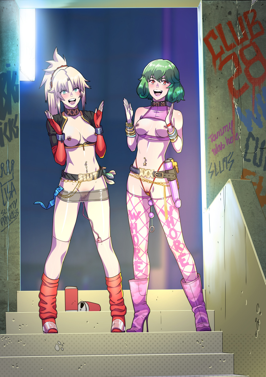 2girls absurdres anal_beads backlighting bangle blonde_hair blue_eyes boots bracelet breastless_clothes breasts bunny_vibrator chain choker collar concrete condom condom_packet_strip condom_wrapper cropped_jacket crossover dildo doorway elbow_gloves exhibitionism fate/apocrypha fate/grand_order fate_(series) fingerless_gloves fishnet_legwear fishnets gloves gold_chain green_hair hair_ornament hair_scrunchie halter_top halterneck high_heel_boots high_heels highleg highleg_panties highres jewelry kazami_yuuka leg_warmers long_hair looking_at_viewer lowleg_skirt medium_breasts micro_panties microskirt mordred_(fate)_(all) multiple_girls navel_piercing nipple_bar nipple_piercing no_panties object_insertion open_mouth over-kneehighs paid_reward panties patreon_reward piercing ponytail profanity prostitution public_vibrator pussy red_eyes red_gloves red_scrunchie remote_control_vibrator scrunchie see-through short_hair skirt source_request stairs stiletto_heels tekuho_no_habo thighhighs touhou uncensored underwear unzipped used_condom vaginal vaginal_object_insertion vibrator vibrator_in_thighhighs w_arms