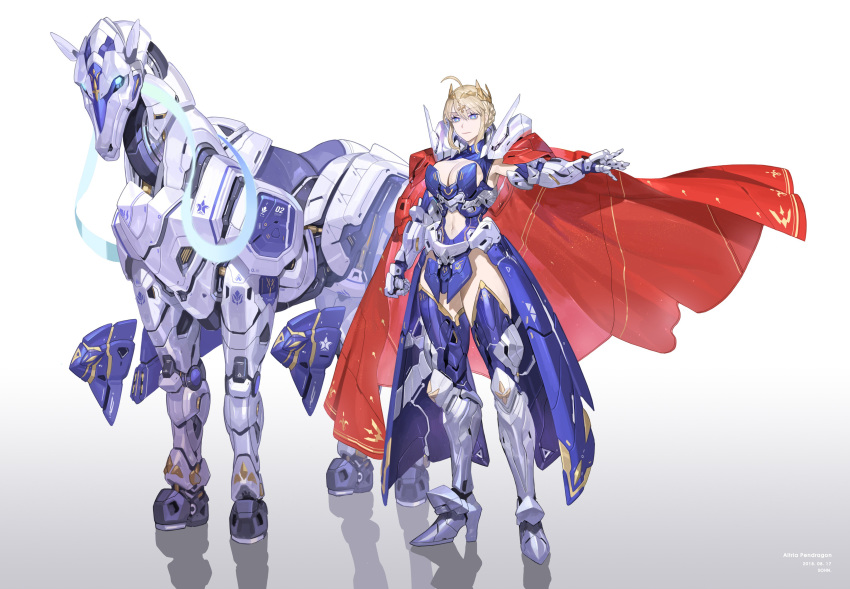 1girl absurdres armor artist_name artoria_pendragon_(all) artoria_pendragon_(lancer) blonde_hair blue_eyes breasts cape character_name cleavage closed_mouth dated dun_stallion expressionless eyebrows_visible_through_hair fate/grand_order fate_(series) full_body highres large_breasts looking_at_viewer navel navel_cutout red_cape revision short_hair sohn_woohyoung solo