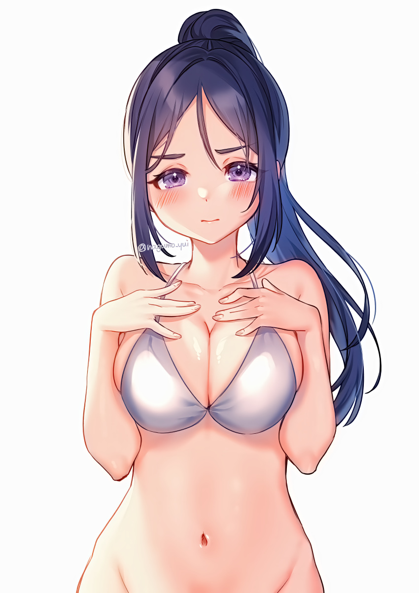 1girl absurdres bangs bikini bikini_top blue_eyes blue_hair blush breasts cleavage highres horse_tail huge_filesize large_breasts long_hair looking_at_viewer love_live! love_live!_sunshine!! matsuura_kanan md5_mismatch moyui_(myi_005) navel open_mouth resized simple_background solo swimsuit tail upscaled white_background